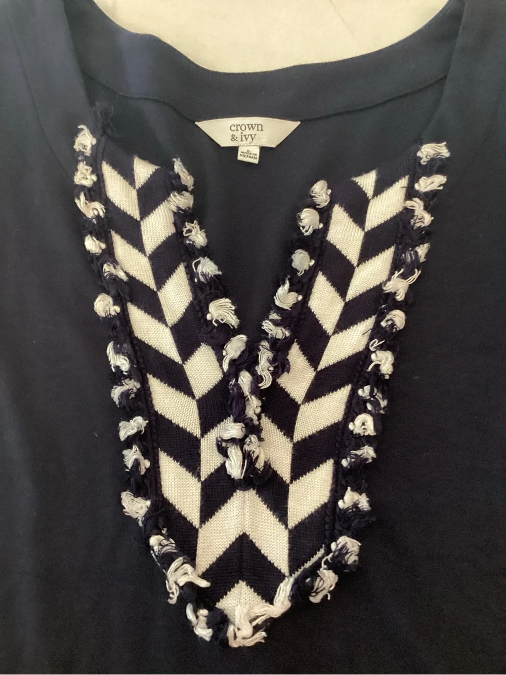 crown & ivy Navy Long-Sleeve Tunic Dress with White Chevron Trim